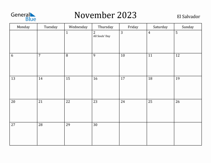 November 2023 Calendar El Salvador