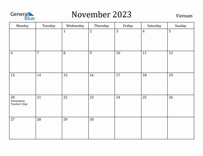 November 2023 Calendar Vietnam