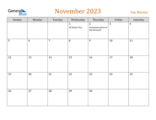 November 2023 Calendar with San Marino Holidays