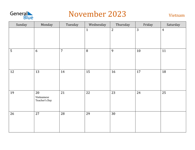 November 2023 Holiday Calendar