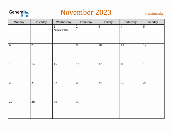 November 2023 Holiday Calendar with Monday Start