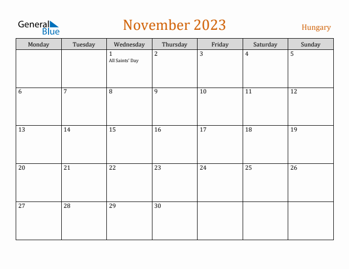 November 2023 Holiday Calendar with Monday Start