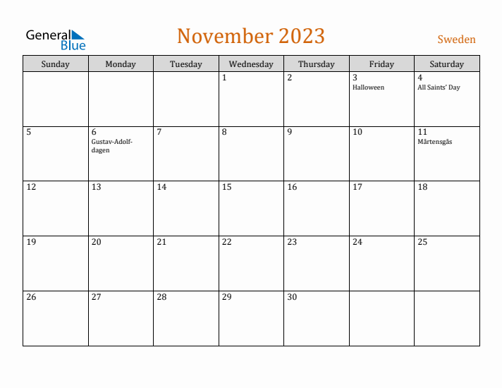 November 2023 Holiday Calendar with Sunday Start