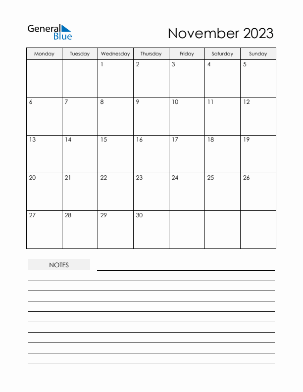 Printable Calendar with Notes - November 2023 