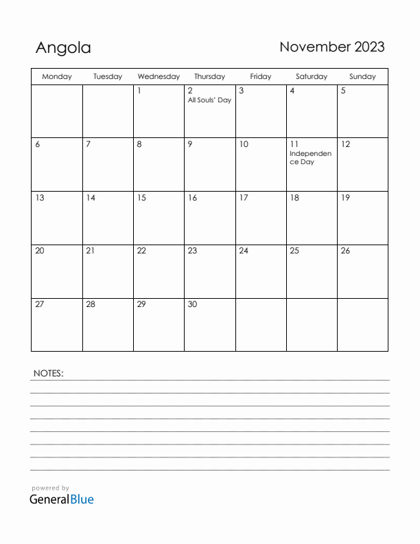 November 2023 Angola Calendar with Holidays (Monday Start)