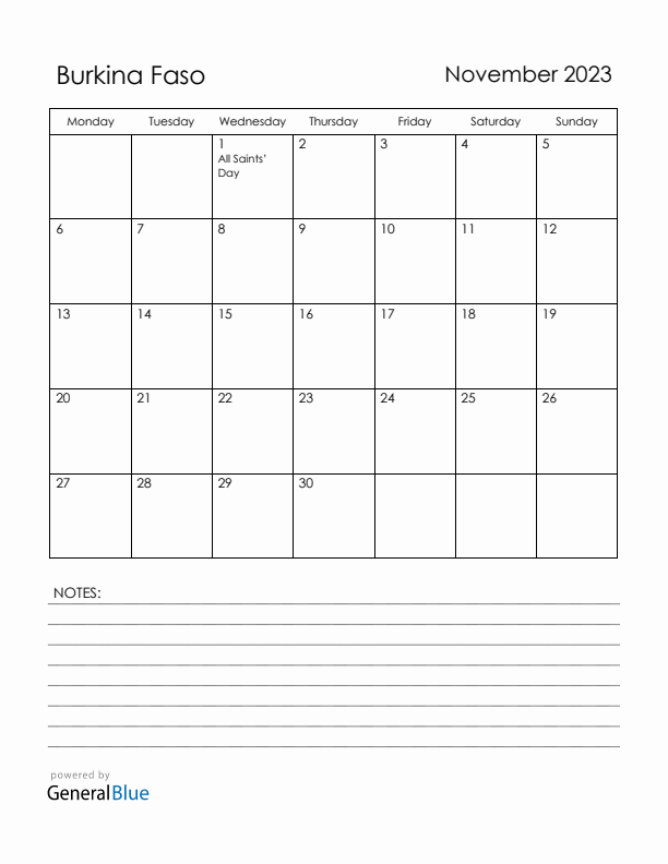 November 2023 Burkina Faso Calendar with Holidays (Monday Start)