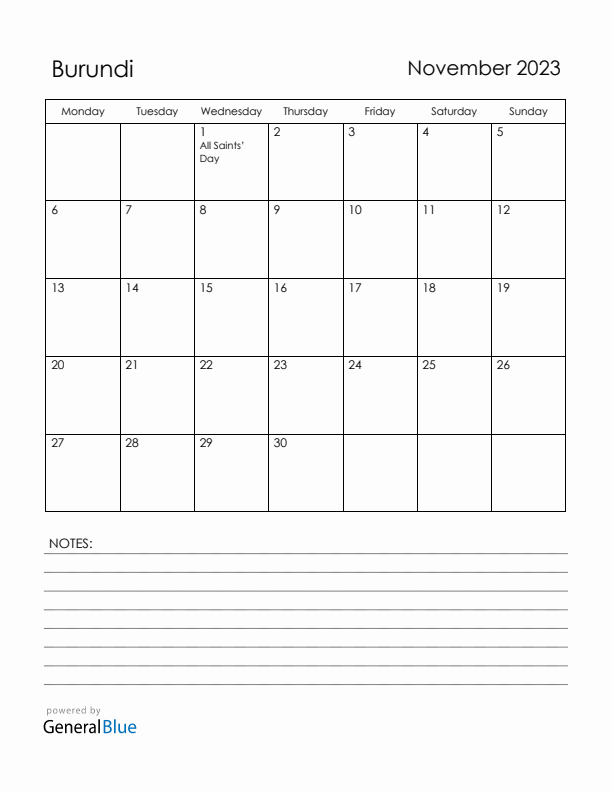 November 2023 Burundi Calendar with Holidays (Monday Start)