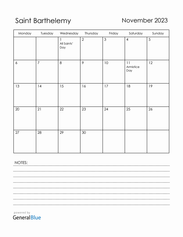 November 2023 Saint Barthelemy Calendar with Holidays (Monday Start)
