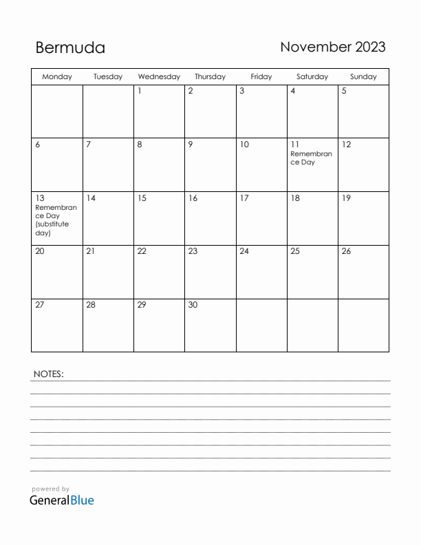 November 2023 Bermuda Calendar with Holidays (Monday Start)