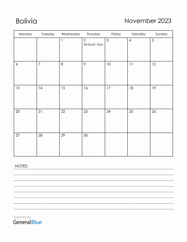 November 2023 Bolivia Calendar with Holidays (Monday Start)