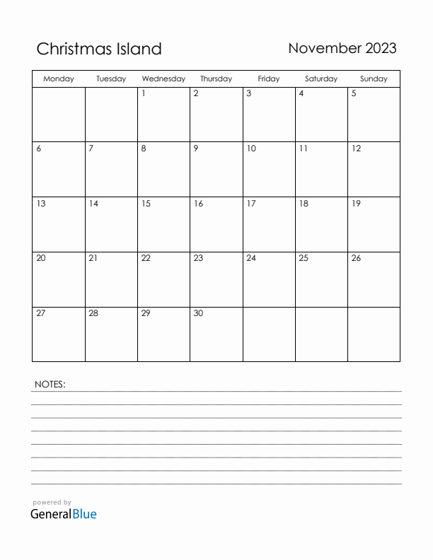 November 2023 Christmas Island Calendar with Holidays (Monday Start)