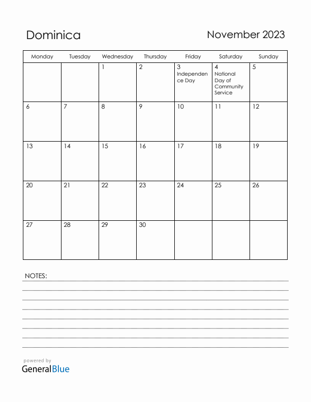 November 2023 Dominica Calendar with Holidays (Monday Start)