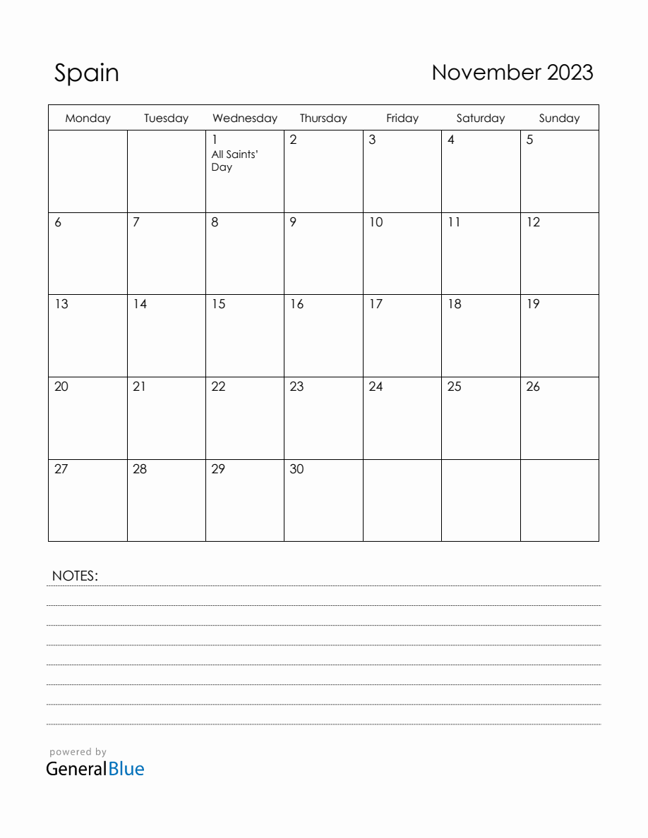 November 2023 Spain Calendar with Holidays