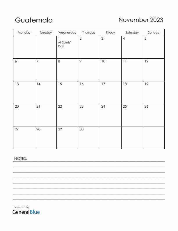November 2023 Guatemala Calendar with Holidays (Monday Start)