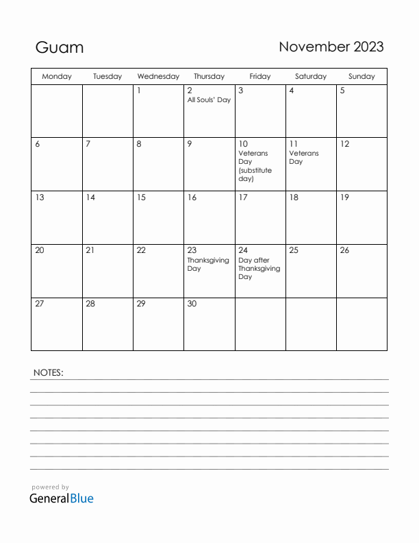 November 2023 Guam Calendar with Holidays (Monday Start)