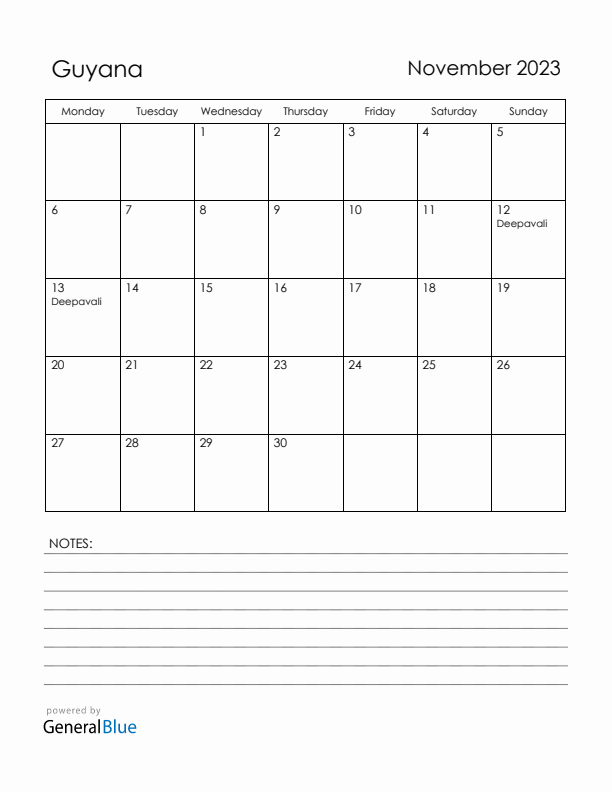 November 2023 Guyana Calendar with Holidays (Monday Start)