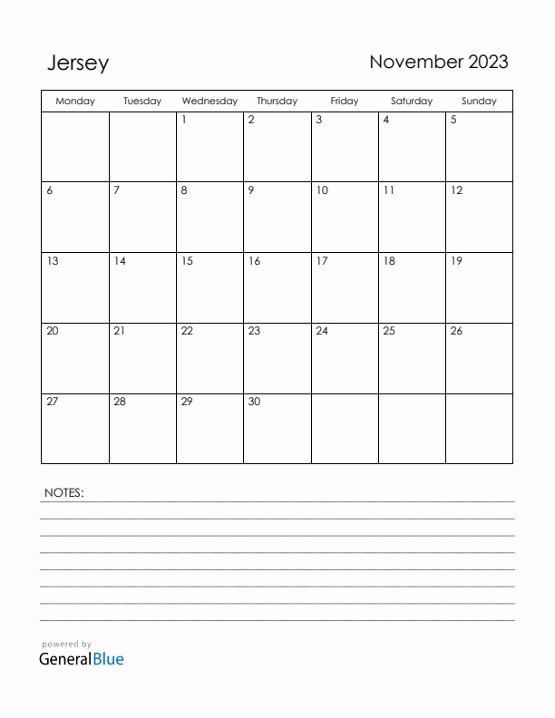 November 2023 Jersey Calendar with Holidays (Monday Start)