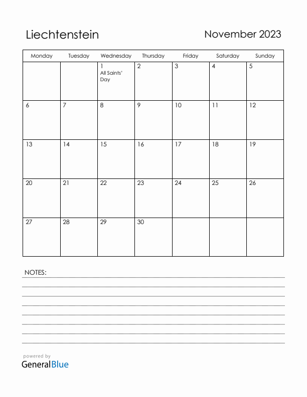November 2023 Liechtenstein Calendar with Holidays (Monday Start)