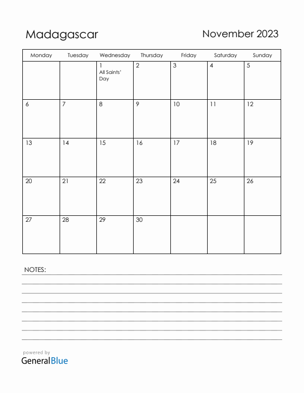 November 2023 Madagascar Calendar with Holidays (Monday Start)