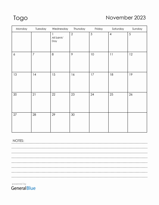 November 2023 Togo Calendar with Holidays (Monday Start)