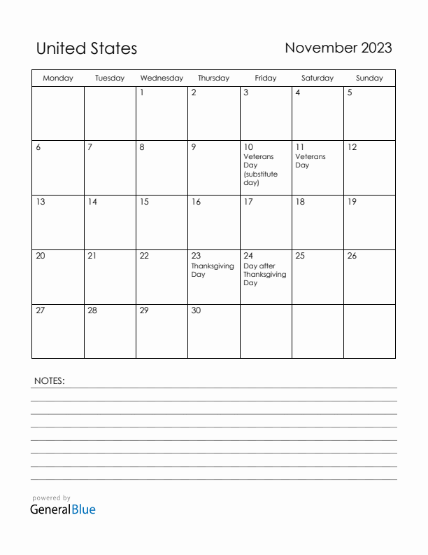 November 2023 United States Calendar with Holidays (Monday Start)