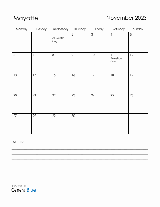 November 2023 Mayotte Calendar with Holidays (Monday Start)