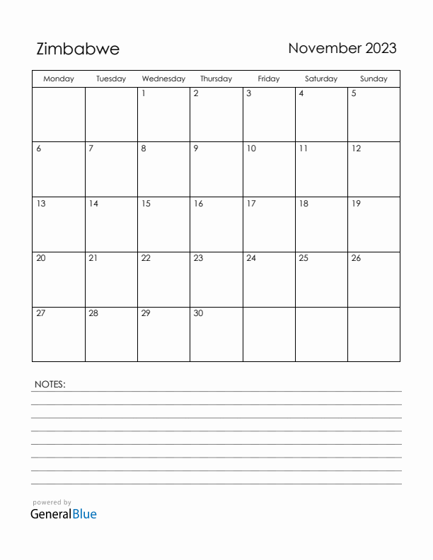 November 2023 Zimbabwe Calendar with Holidays (Monday Start)