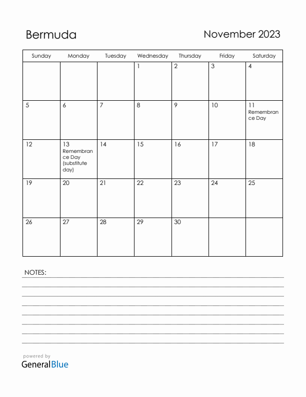November 2023 Bermuda Calendar with Holidays (Sunday Start)