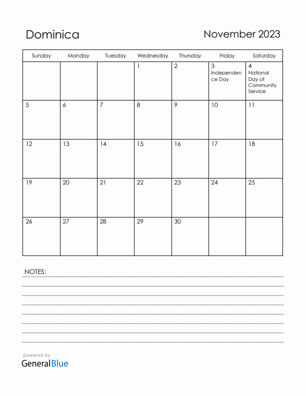 November 2023 Dominica Calendar with Holidays (Sunday Start)