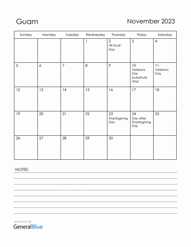 November 2023 Guam Calendar with Holidays (Sunday Start)