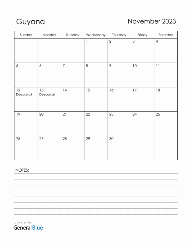 November 2023 Guyana Calendar with Holidays (Sunday Start)
