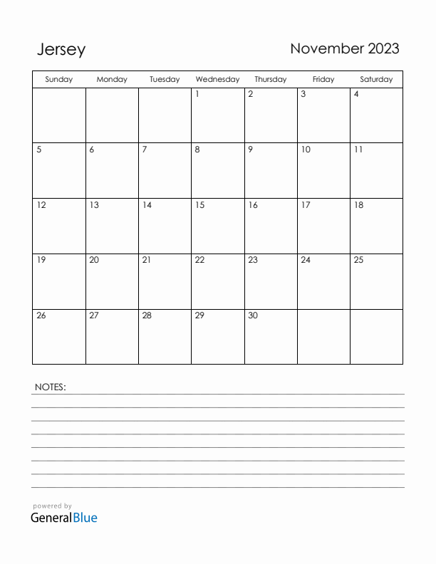 November 2023 Jersey Calendar with Holidays (Sunday Start)