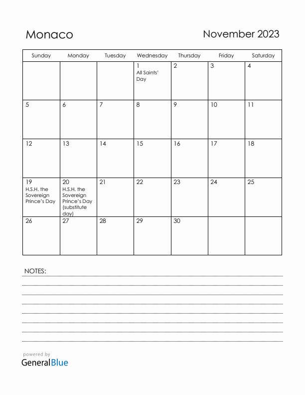 November 2023 Monaco Calendar with Holidays (Sunday Start)