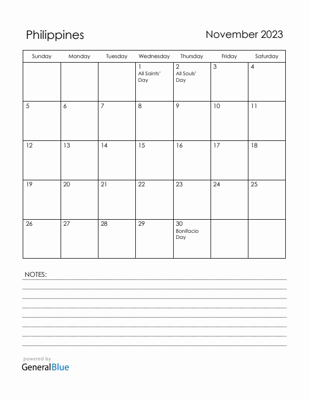 November 2023 Philippines Calendar with Holidays (Sunday Start)