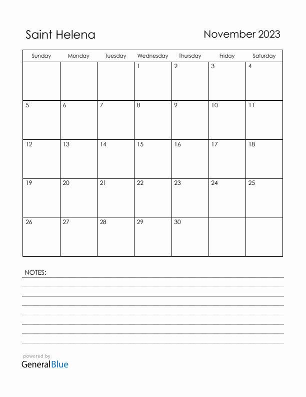 November 2023 Saint Helena Calendar with Holidays (Sunday Start)