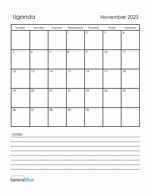 Current month calendar with Uganda holidays for November 2023