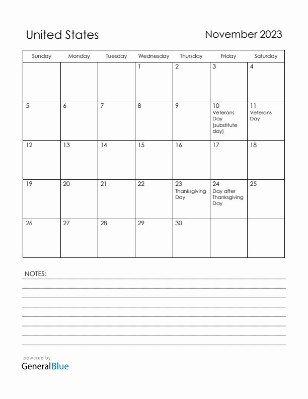 November 2023 United States Calendar with Holidays (Sunday Start)