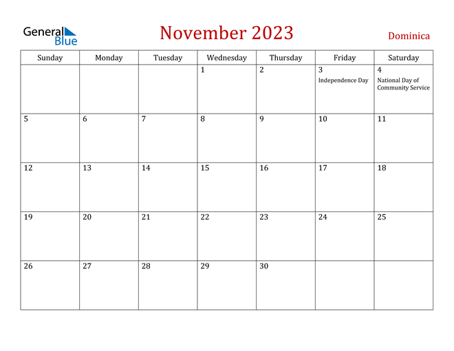 Dominica November 2023 Calendar
