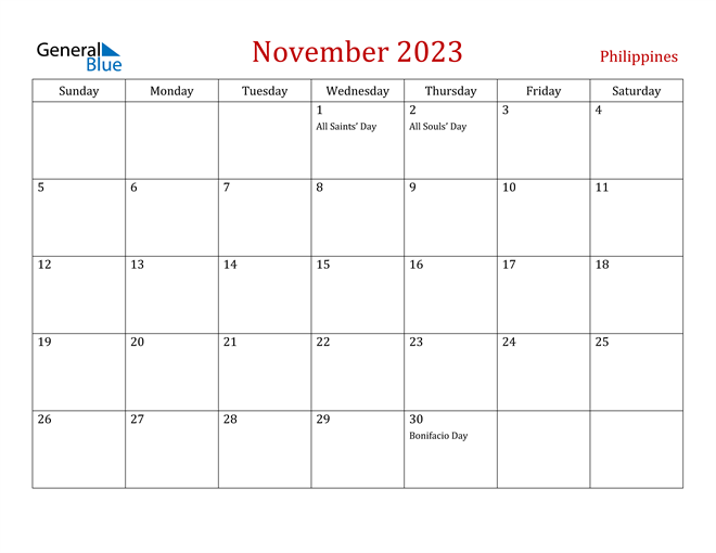 November 2023 Calendar With Philippines Holidays