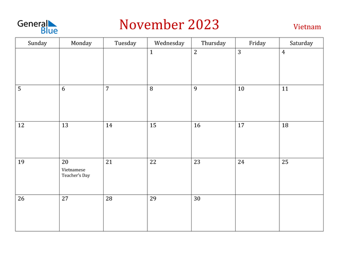 Vietnam November 2023 Calendar