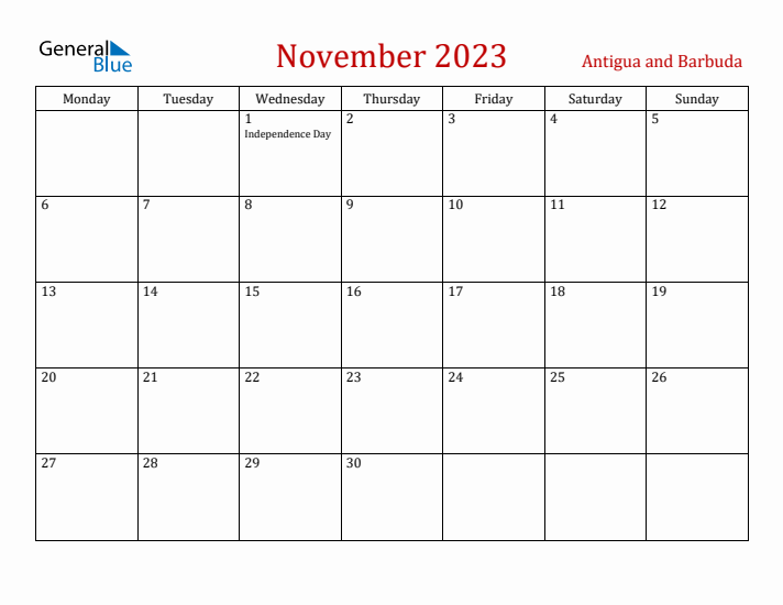Antigua and Barbuda November 2023 Calendar - Monday Start