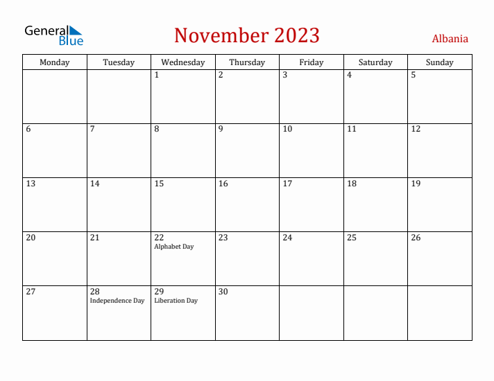 Albania November 2023 Calendar - Monday Start