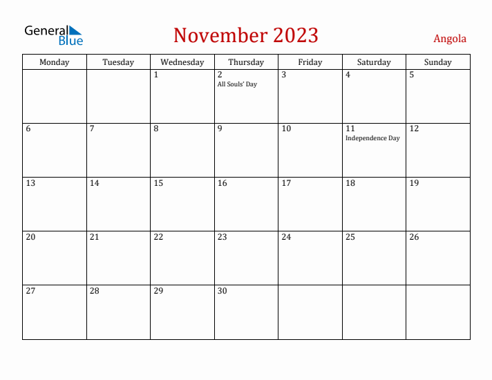 Angola November 2023 Calendar - Monday Start