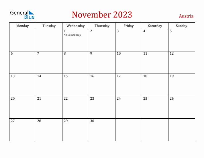 Austria November 2023 Calendar - Monday Start