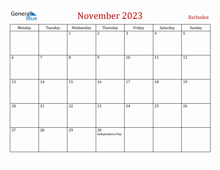 Barbados November 2023 Calendar - Monday Start