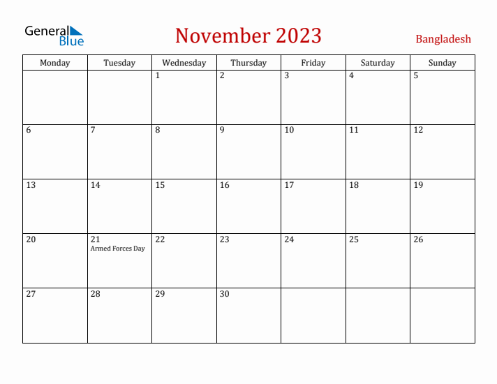 Bangladesh November 2023 Calendar - Monday Start