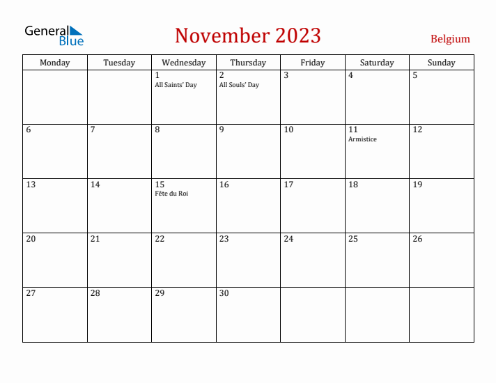 Belgium November 2023 Calendar - Monday Start