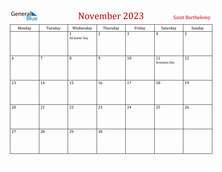 Saint Barthelemy November 2023 Calendar - Monday Start