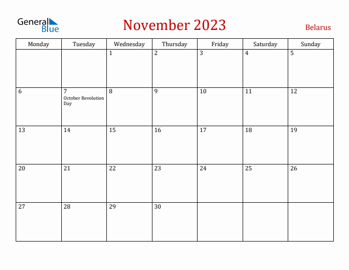 Belarus November 2023 Calendar - Monday Start