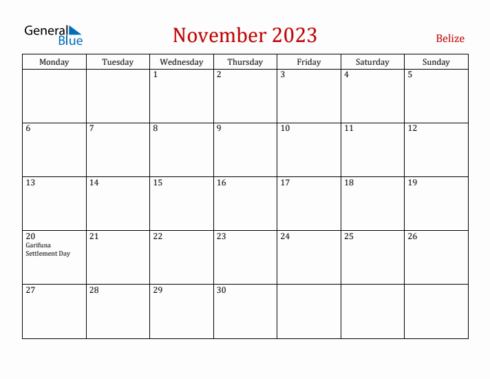 Belize November 2023 Calendar - Monday Start
